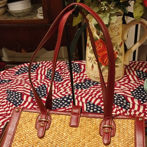 Etienne Aigner straw handbag brown with burgundy  Cordovan trim - Picture 7 of 13